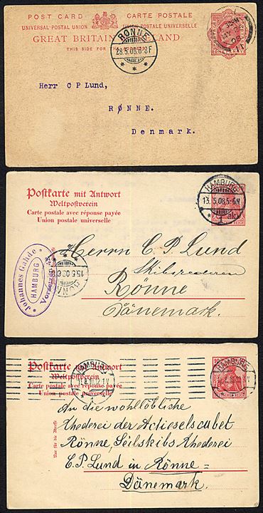 6 indgående helsagsbrevkort fra England (4) og Tyskland (2) i perioden 1900-1910 til Rønne, Bornholm. Flere med ank.stempel Rønne.