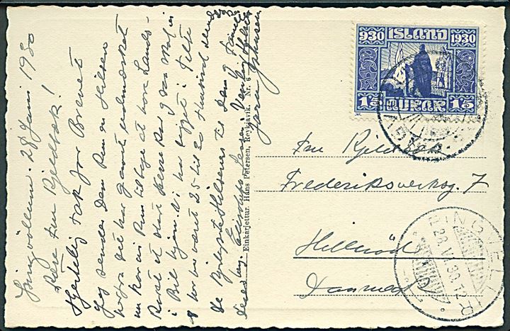 15 aur Altings Jubilæum på brevkort annulleret Thingvallir d. 28.6.1930 til Hillerød, Danmark.