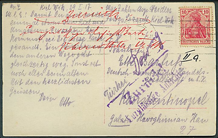 10 pfg. Germania på brevkort (Kiel, Holtenau Kanal Mündung) fra Kiel d. 29.1.1917 til Konstantinopel, Tyrkiet. Retur med påskrift og stempel: Zurück! / Unzulässige Ansicht. Forbud mod at sende foto-postkort til udlandet.