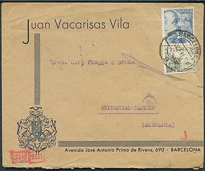 5 cts. Rytter og 70 cts. Franco på brev fra Barcelona d. 28.10.1943 til Wuppertal, Tyskland. Spansk censur og åbnet af tysk censur i München.