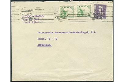15  cts. Rytter (2) og 40 cts. Isabel på brev fra Madrid 1937 til Amsterdam, Holland. Spansk censur fra Madrid.