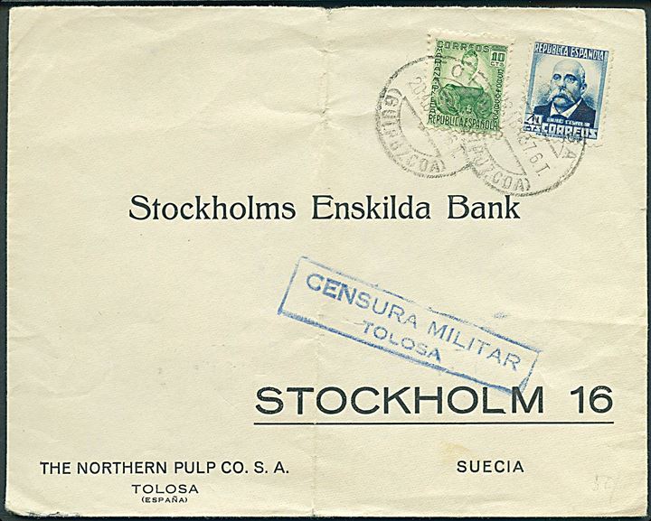 10 cts. og 40 cts. på brev fra Tolosa d. 20.4.1937 til Stockholm, Sverige. Lokal spansk censur fra Tolosa.