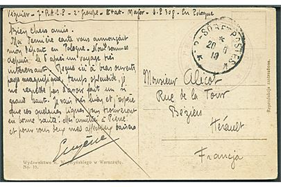 Ufrankeret feltpostkort (Warszawa) fra den franske militær mission i Polen stemplet Tresor et Postes d. 20.86.1919 til Frankrig. Fra soldat ved 7e R.A.C.F. 2 Groupe S.P. 308. Svagt afdelingsstempel.
