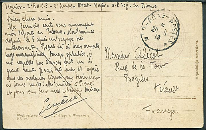 Ufrankeret feltpostkort (Warszawa) fra den franske militær mission i Polen stemplet Tresor et Postes d. 20.86.1919 til Frankrig. Fra soldat ved 7e R.A.C.F. 2 Groupe S.P. 308. Svagt afdelingsstempel.