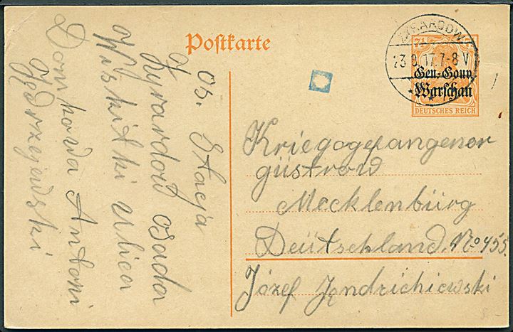 Gen.Gouv. Warschau. 7½ pfg. Germania helsagsbrevkort stemplet Zyrardow d. 23.8.1917 til krigsfangelejr Güstow, Mecklenburg, Tyskland.