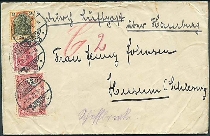 10 pfg., 25 pfg. Germania og 1 mk. Reichspostamt på luftpostbrev fra Berlin S.O. d. 7.6.1919 til Husum. Påskrevet über Hamburg. Brevet sendt med rørpost i Berlin til Berlin C2. Meget tidlig luftpost.