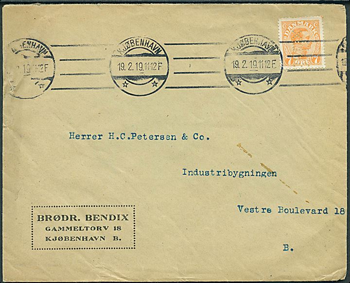 7 øre Chr. X med perfin BrBx på fortrykt kuvert fra Brødr. Bendix sendt lokalt i Kjøbenhavn d. 19.2.1919.