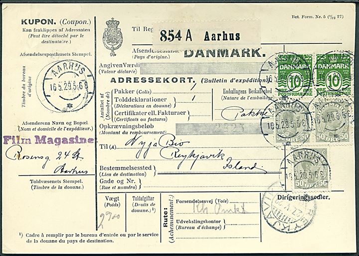 10 øre Bølgelinie (2) og 50 øre Chr. X (3) på 170 øre frankeret internationalt adressekort for pakke fra Aarhus d. 16.5.1929 til Reykjavik, Island. Ank.stemplet Reykjavik d. 27.5.1929.