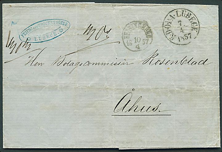 1857. Portobrev med antiqua K.D.O.P.A. Lübeck d. 7.4.1857 via Helsingborg d. 10.4.1857 til Åhus, Sverige. Flere portopåtegninger.