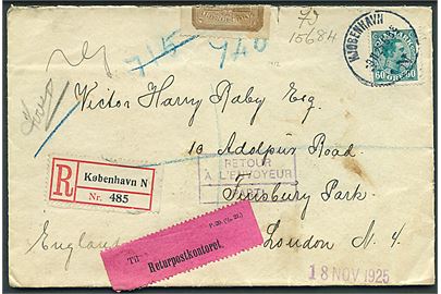 60 øre Chr. X single på anbefalet brev fra Kjøbenhavn d. 9.11.1925 til London, England. Retur via Returpostkontoret med stempel parti (Afrejst) og åbnet med brunt returmærke AFA 3b. 