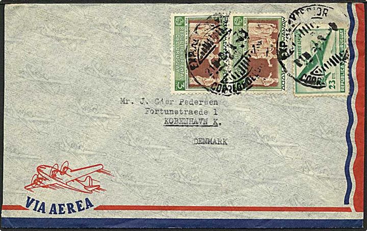 3 c. José Rodó i parstykke og 23 c. Luftpost på 29 c. frankeret luftpostbrev fra Montevideo ca. 1948 til København, Danmark.