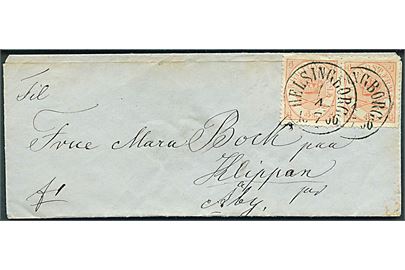4 sk. Krone/Scepter i parstykke på brev annulleret med svensk stempel i Helsingborg d. 4.7.1866 til Klippan pr. Åby, Sverige.