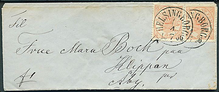 4 sk. Krone/Scepter i parstykke på brev annulleret med svensk stempel i Helsingborg d. 4.7.1866 til Klippan pr. Åby, Sverige.
