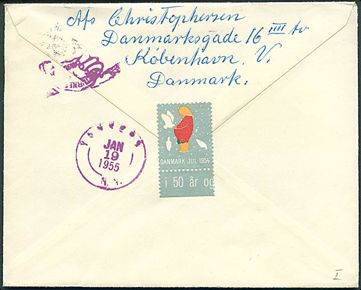 60 øre Fr. IX og Julemærke 1954 (par) på brev fra København d. 21.12.1954 til Yonkers, USA. Retur som ubekendt.