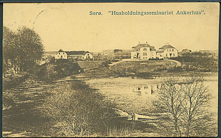 5 øre Bølgelinie på brevkort (Ankerhus, Sorø)  annulleret med bureaustempel Sorø - Vedde T.262 d. 20.6.1913 til Flintinge St.