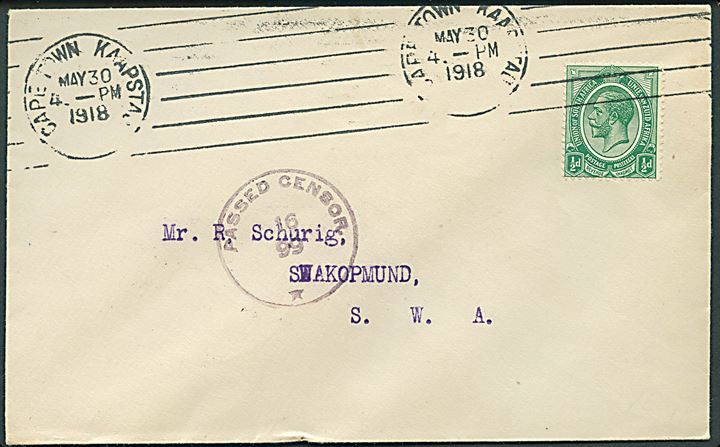 Sydafrika ½d George V på brev fra Capetown d. 30.5.1918 til Swakopmund, Sydvestafrika. På bagsiden ank.stemplet med udslebet bureaustempel Swakopmund d. 3.6.1918. Passed censor 16/99