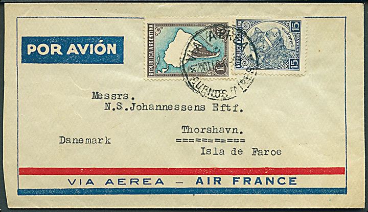15 cts. og 1 peso på luftpostbrev fra Buenos Aires d. 20.2.1937 til Thorshavn, Færøerne. Interessant indgående luftpost.