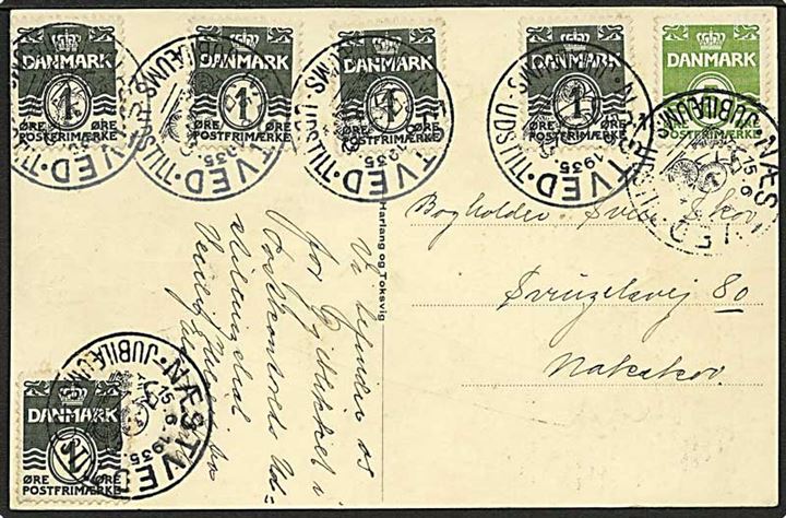 1 øre (5) og 5 øre Bølgelinie på postkort (Som Pakkepost) annulleret med udstillingsstempel fra Næstved d. 15.6.1935 til Nakskov.