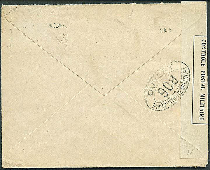 25 cts. Alfonso XIII single på brev fra Barcelona d. 2.8.1918 til København, Danmark. Åbnet af den franske censur i London med stempel 908.