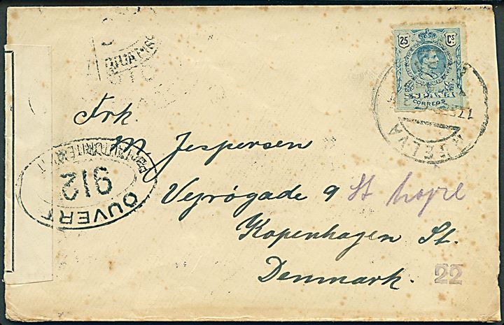 25 cts. Alfonso XIII på brev fra Huelva d. 17.2.1917 til København, Danmark. Åbnet af den franske censur i London med stempel 912.