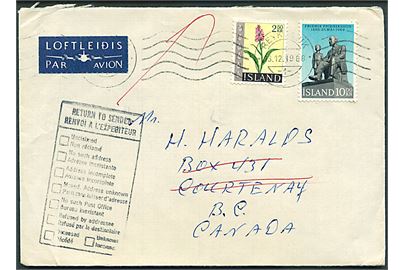 2,50 kr. Blomster og 10 kr. Fridrik Fridriksson på luftpostbrev fra Reykjavik d. 13.12.1968 til Canada. Retur med flere stempler.
