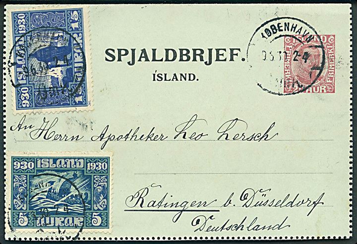 20 aur Chr. X helsags korrespondancekort opfrankeret med 5 aur og 15 aur Altingets Jubilæum sendt fra Reykjavik og annulleret med dansk stempel i København d. 9.6.1930 til Ratingen, Tyskland.