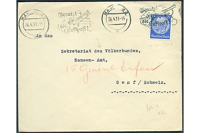 25 pfg. Hindenburg på brev fra Mannheim d. 26.4.1933 til Sekretariat des Völkerbundes, Nansen Amt i Geneve, Schweiz.  Kort efter Fridtjof Nansens død i 1930 oprettede Folkeforbundet det Internationale Nansenkontor for krigsflygtninge (Office international Nansen pour les réfugiés), også kendt som Nansenhjælpen. Nansenkontoret tildeltes Nobels fredspris i 1938.
