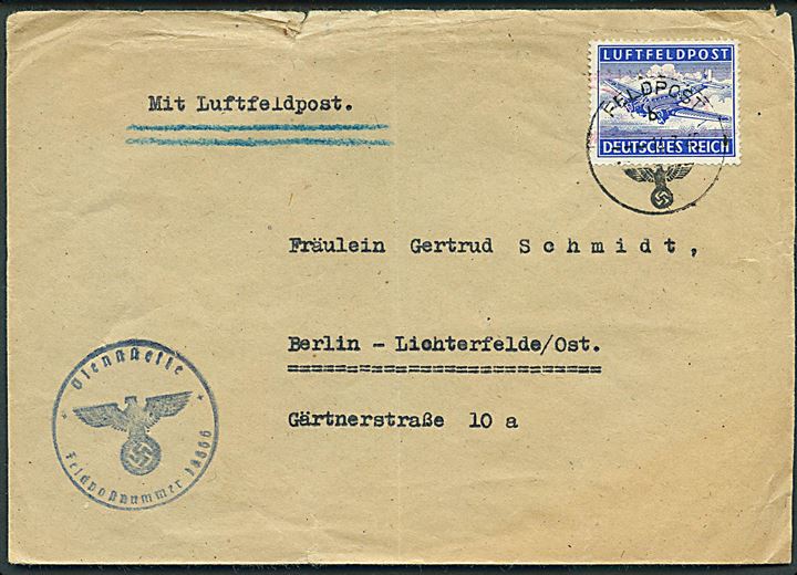 Luftfeltpostmærke overtrykt Inselpost på luftfeldpost brev stemplet Feldpost d. 14.7.1942 til Berlin. Der garanteres IKKE for mærkets ægthed. 