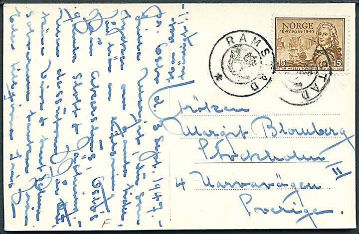 15 øre Postjubilæum på brevkort dateret d. 3.9.1947 annulleret med kronet/posthorn stempel RAMSTAD til Stockholm, Sverige.