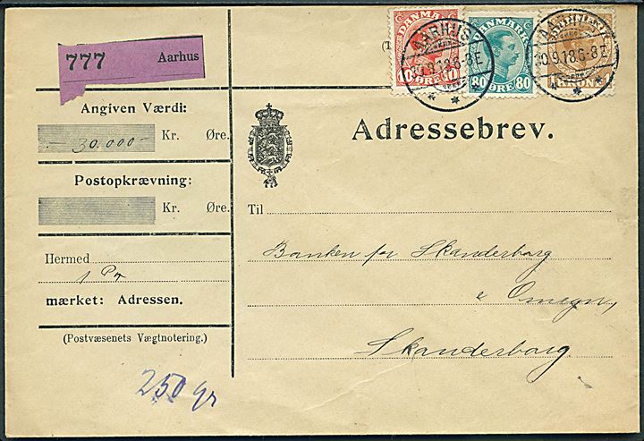 10 øre, 80 øre og 1 kr. Chr. X på 190 øre frankeret adressebrev for værdipakke (30.000 kr.) fra Aarhus d. 30.9.1918 til Skanderborg.