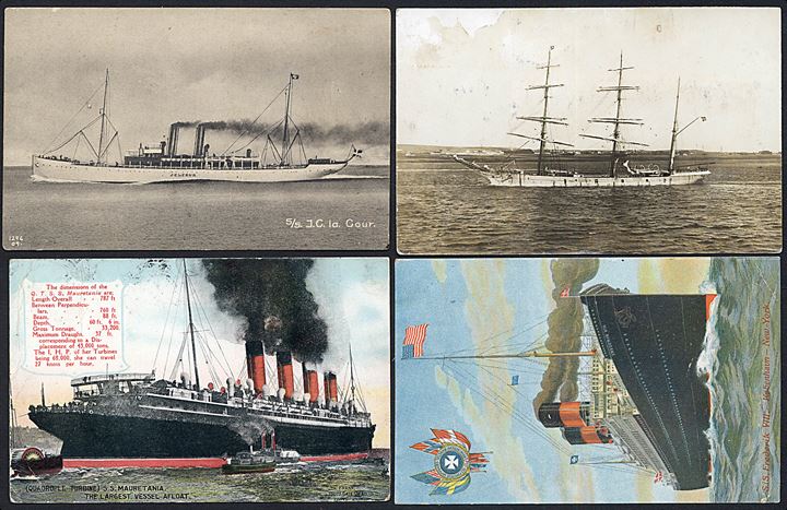 Sammenstilling af 33 Skibspostkort. Bla. S/S J. C. la Cour. S/S Mauretania. S/S Frederik VIII. M/S India. 