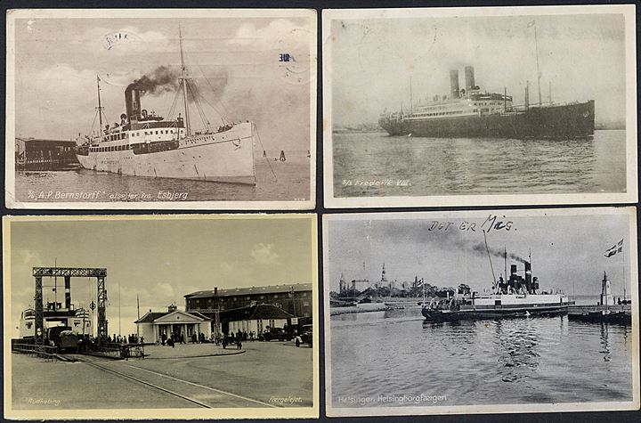 Sammenstilling af 33 Skibspostkort. Bla. S/S J. C. la Cour. S/S Mauretania. S/S Frederik VIII. M/S India. 