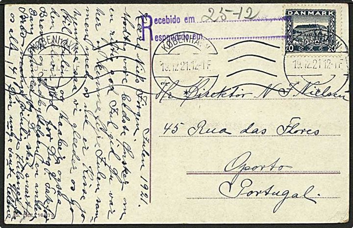 20 øre Genforening på brevkort fra København d. 13.12.1921 til Oporto, Portugal.