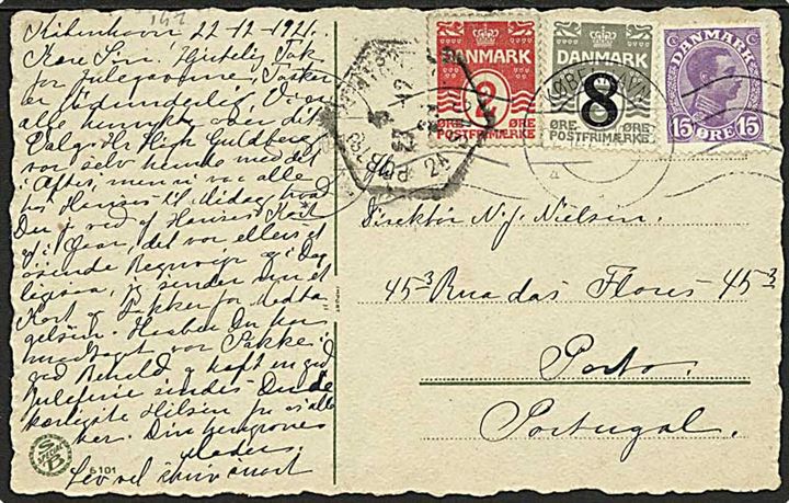 2 øre Bølgelinie, 15 øre Chr. X og 8/3 øre Provisorium på 25 øre frankeret brevkort fra København d. 22.12.1921 til Porto, Portugal.