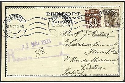 5 øre Bølgelinie og 20 øre Chr. X på brevkort fra København d. 16.5.1923 til Lissabon, Portugal.
