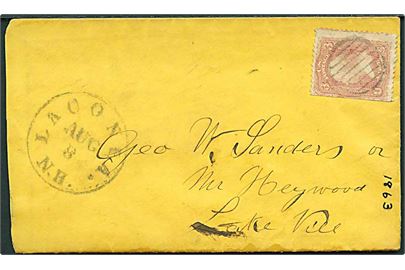3 cents Washington på brev annulleret med rist-stempel og sidestemplet Laconea N.H. d. 8.8. (ca. 1863) til Lake Vile.