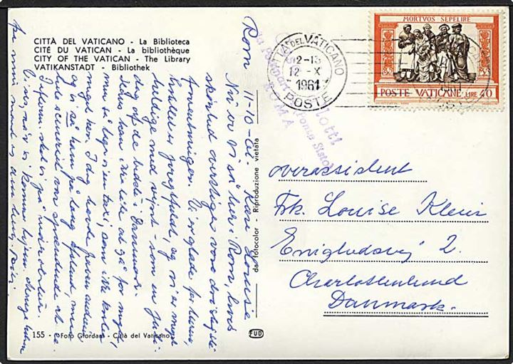 40 l. Barmhjertigheds arbejde på brevkort stemplet Citta del Vaticano d. 12.10.1961 til Charlottenlund, Danmark.