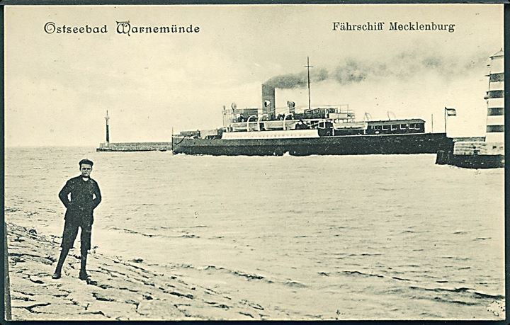Ostseebad Warnemünde. Fährschiff Mecklenburg. Havnefyr. Glückstadt & Münden. no. 41591. Ideal 1909. 