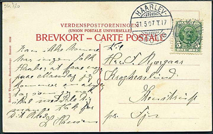 5 øre Fr. VIII på brevkort annulleret med stjernestempel KLIPPINGE og sidestemplet bureau Haarlev - Rødvig T.17 d. 31.5.1907 til Stenstrup.