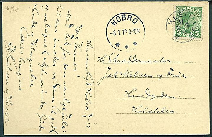 5 øre Chr. X på brevkort annulleret med stjernestempel Kleitrup og sidestemplet Hobro d. 8.1.1918 til Holstebro.