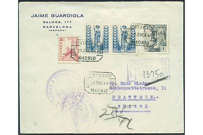1,50 pts. blandingafrankeret anbefalet brev fra Madrid d. 21.1.1944 til Pratteln, Schweiz. Spansk censur fra Madrid og på bagsiden stor mærkat vedr. eksport af frimærker.