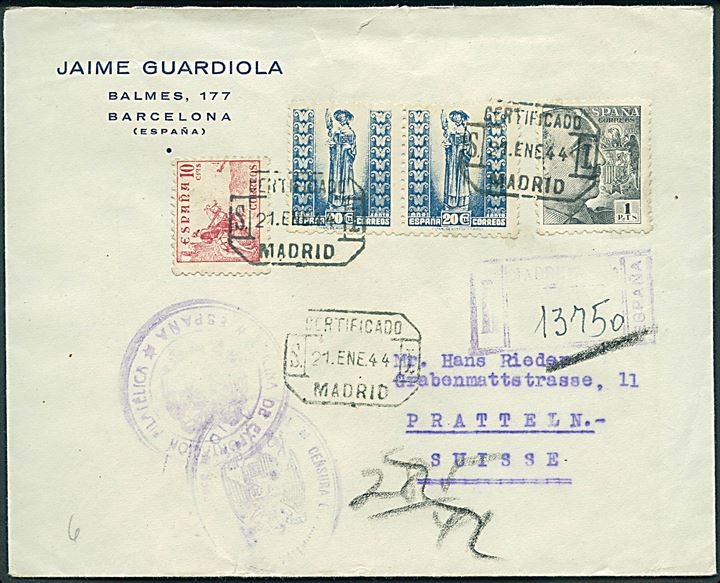 1,50 pts. blandingafrankeret anbefalet brev fra Madrid d. 21.1.1944 til Pratteln, Schweiz. Spansk censur fra Madrid og på bagsiden stor mærkat vedr. eksport af frimærker.