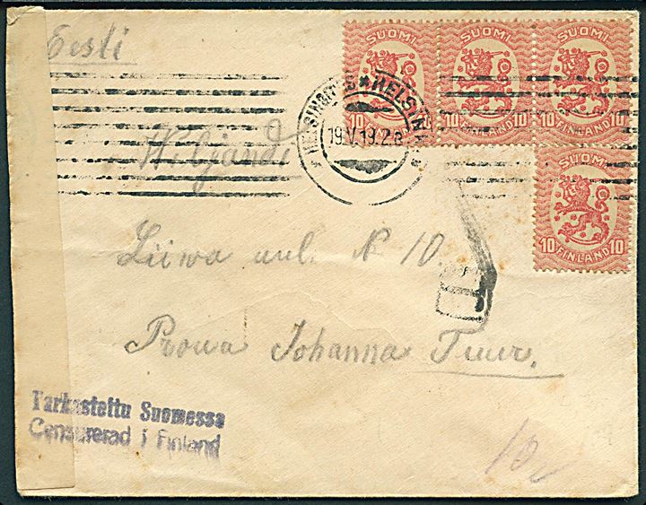 10 pen. Løve (4) på 40 pen. frankeret brev fra Helsingfors d. 19.5.1919 til Viljandi, Estland. Åbnet af finsk borgerkrigscensur.