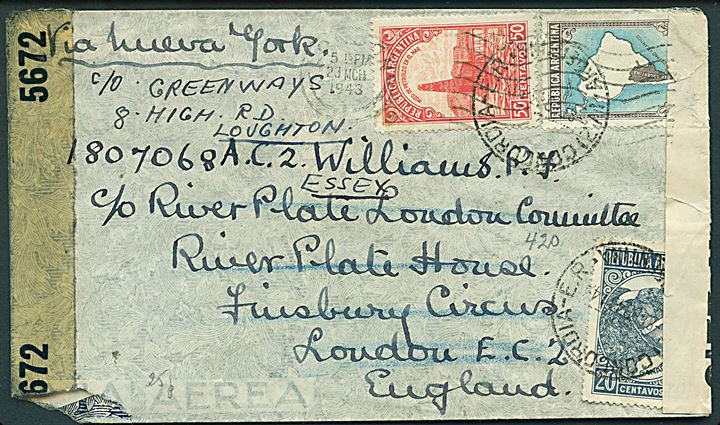1,70 pesos blandingsfrankeret luftpostbrev fra Concordia d. 8.2.1943 til sydamerikansk frivillig via undercover adresse River Plate London Committee i London, England - eftersendt til Loughton, Essex. Åbnet af både amerikansk og britisk censur.