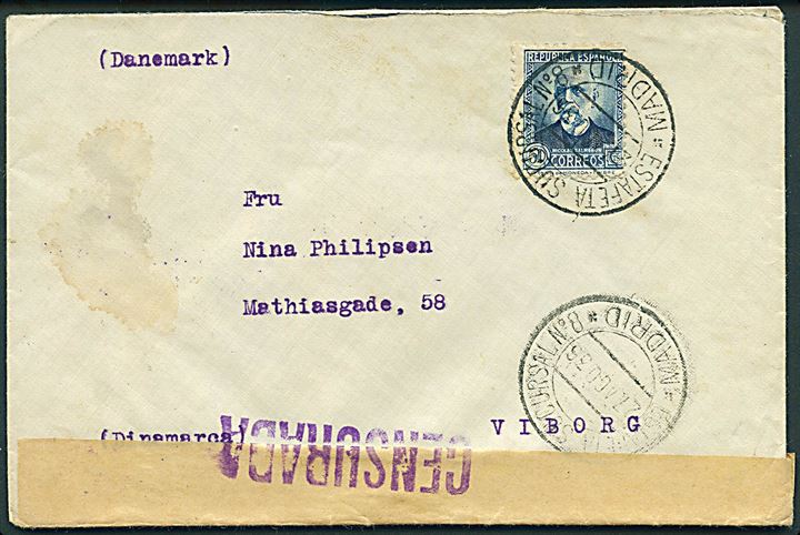 50 cts. single på brev fra Madrid d. 27.8.1936 til Viborg, Danmark. Åbnet af spansk censur i Madrid.