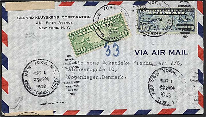 10 c. og 20 c. Luftpost på luftpostbrev fra New York d. 1.5.1940 til København, Danmark. Åbnet af tysk censur.