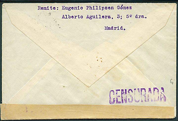 50 cts. single på brev fra Madrid d. 27.8.1936 til Viborg, Danmark. Åbnet af spansk censur i Madrid.
