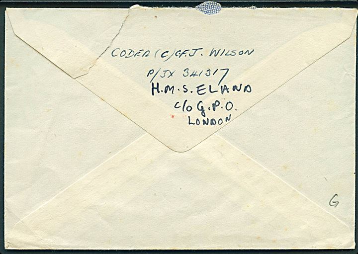 Ufrankeret flådepostbrev stemplet Post Office / Maritime Mail fra HMS Eland (Navy shore base Freetown, Sierra Leone) c/o GPO London til Watford. Blå flådecensur.