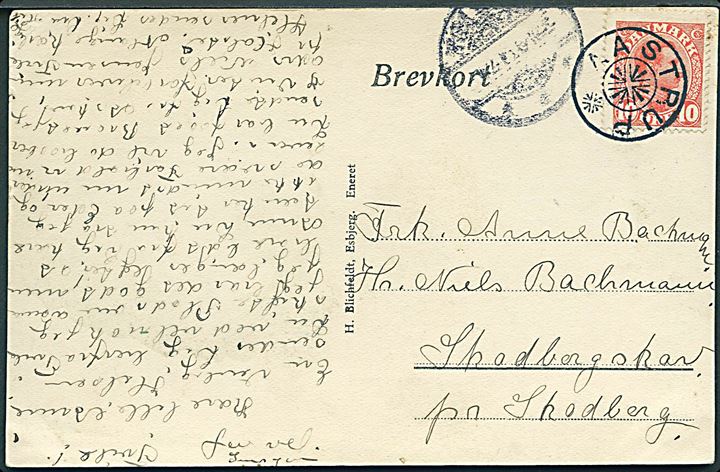 10 øre Chr. X på brevkort (Parti fra Holsted) annulleret med stjernestempel AASTRUP og uldent sidestempel Holsted d. 4.2.1916(?) til Skodborgskov pr. Skodborg i Nordslesvig.