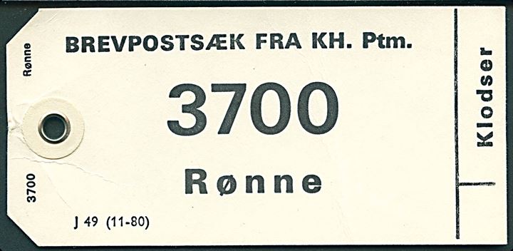 Manila-mærke formular J49 (11-80) for klodser fra København Ptm. til 3700 Rønne.